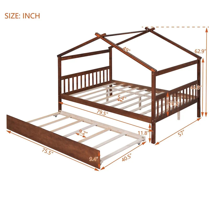 Hausförmiges Tagesbett aus Holz mit Ausziehbett — Full + Twin