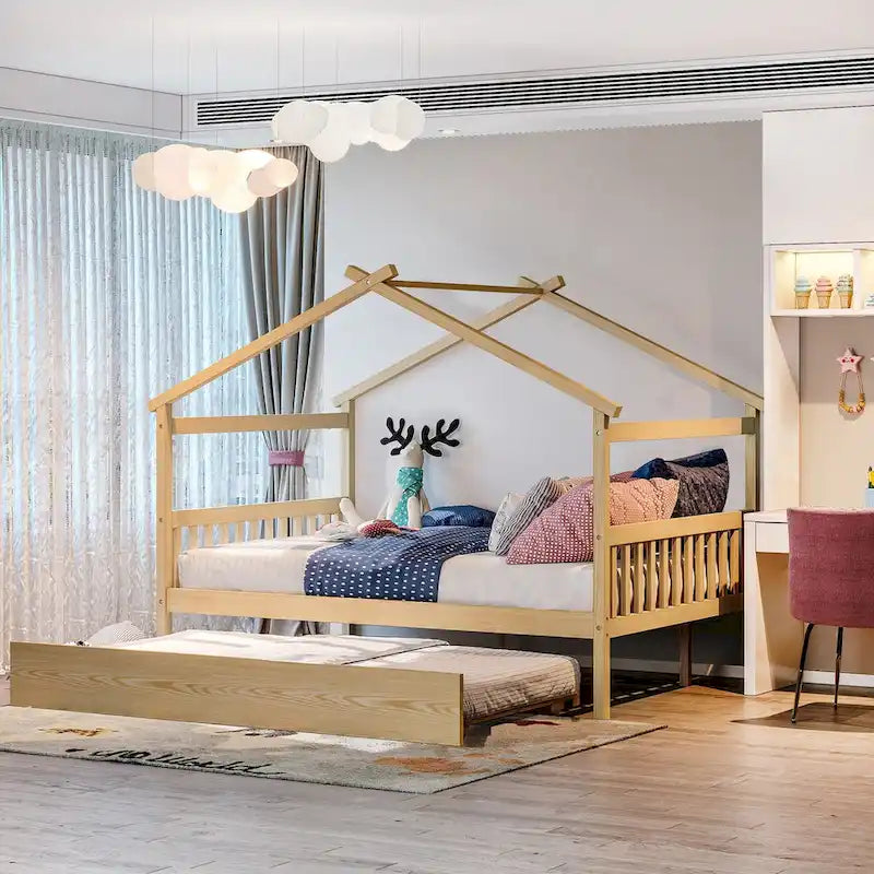 Hausförmiges Tagesbett aus Holz mit Ausziehbett — Full + Twin
