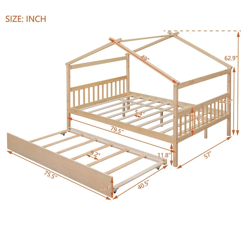 Hausförmiges Tagesbett aus Holz mit Ausziehbett — Full + Twin