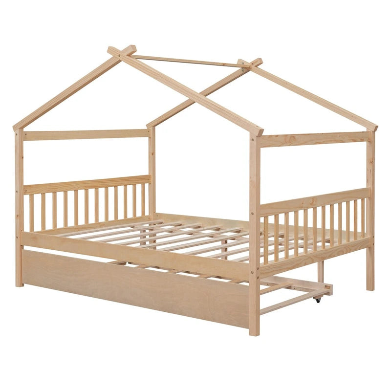 Hausförmiges Tagesbett aus Holz mit Ausziehbett — Full + Twin
