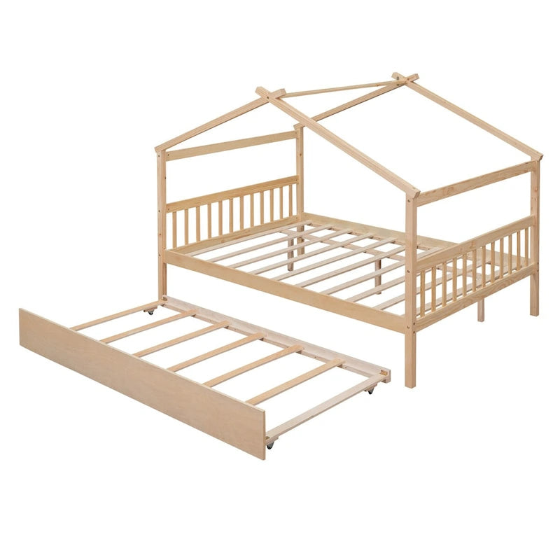 Hausförmiges Tagesbett aus Holz mit Ausziehbett — Full + Twin