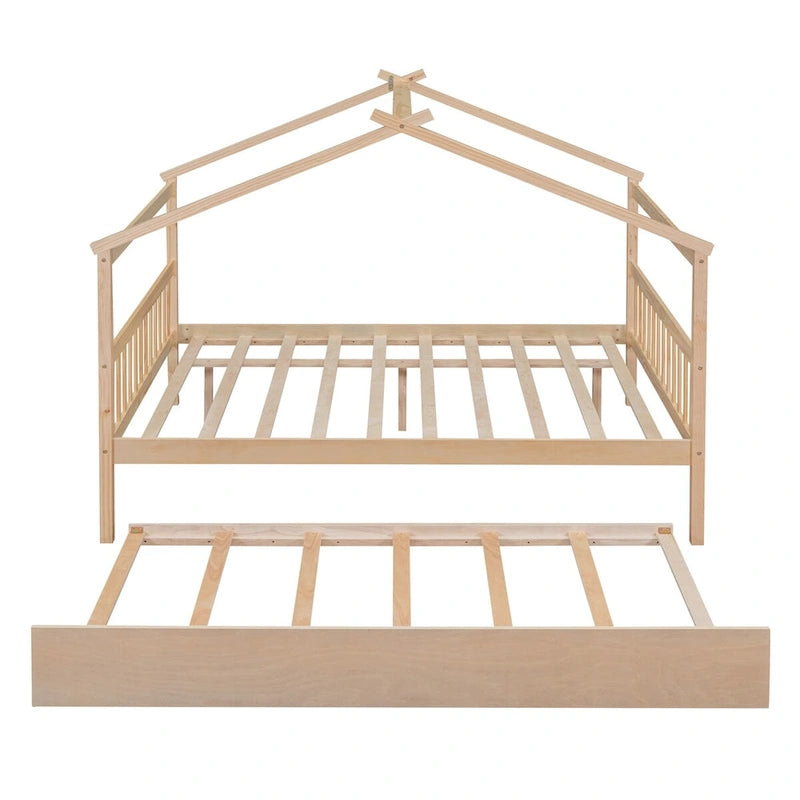 Hausförmiges Tagesbett aus Holz mit Ausziehbett — Full + Twin