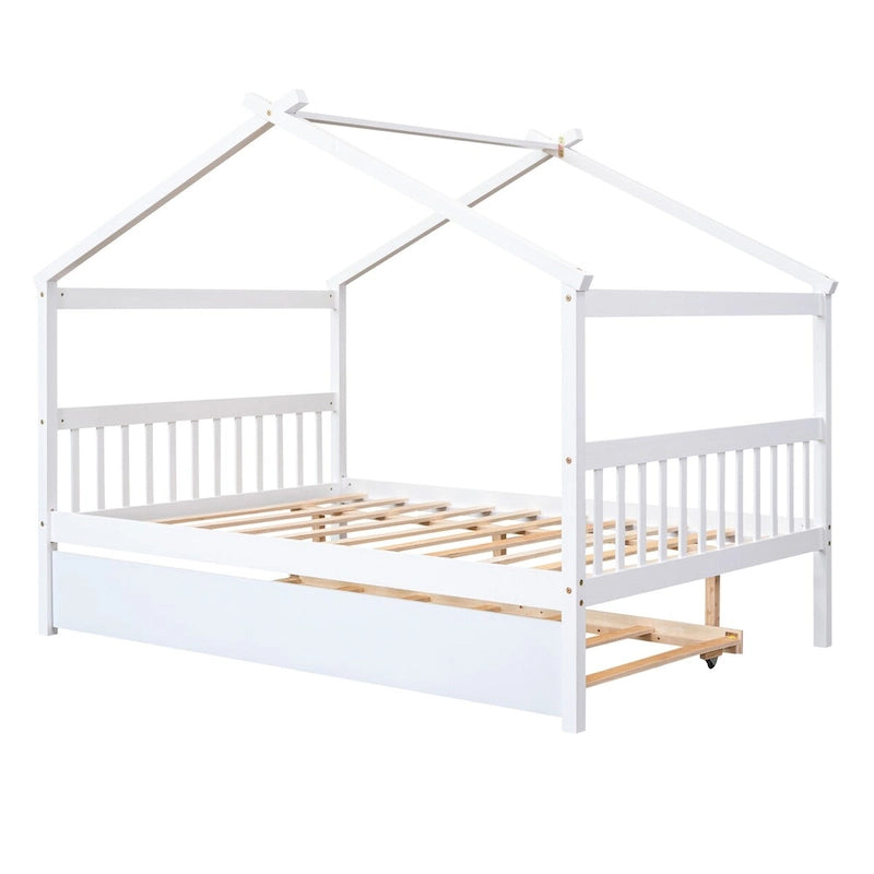 Hausförmiges Tagesbett aus Holz mit Ausziehbett — Full + Twin