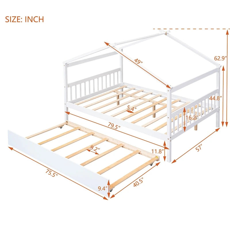 Hausförmiges Tagesbett aus Holz mit Ausziehbett — Full + Twin