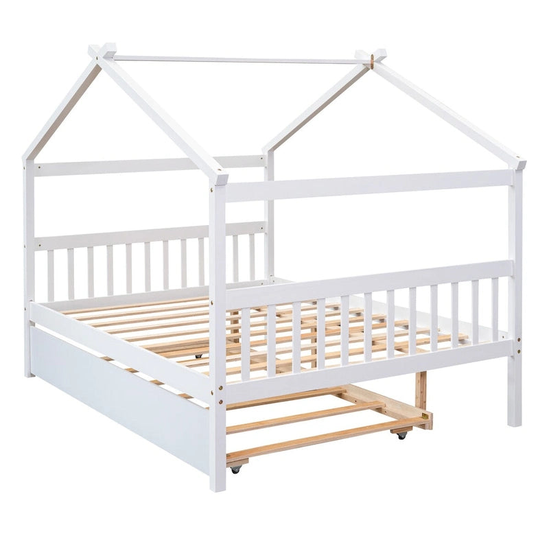 Hausförmiges Tagesbett aus Holz mit Ausziehbett — Full + Twin