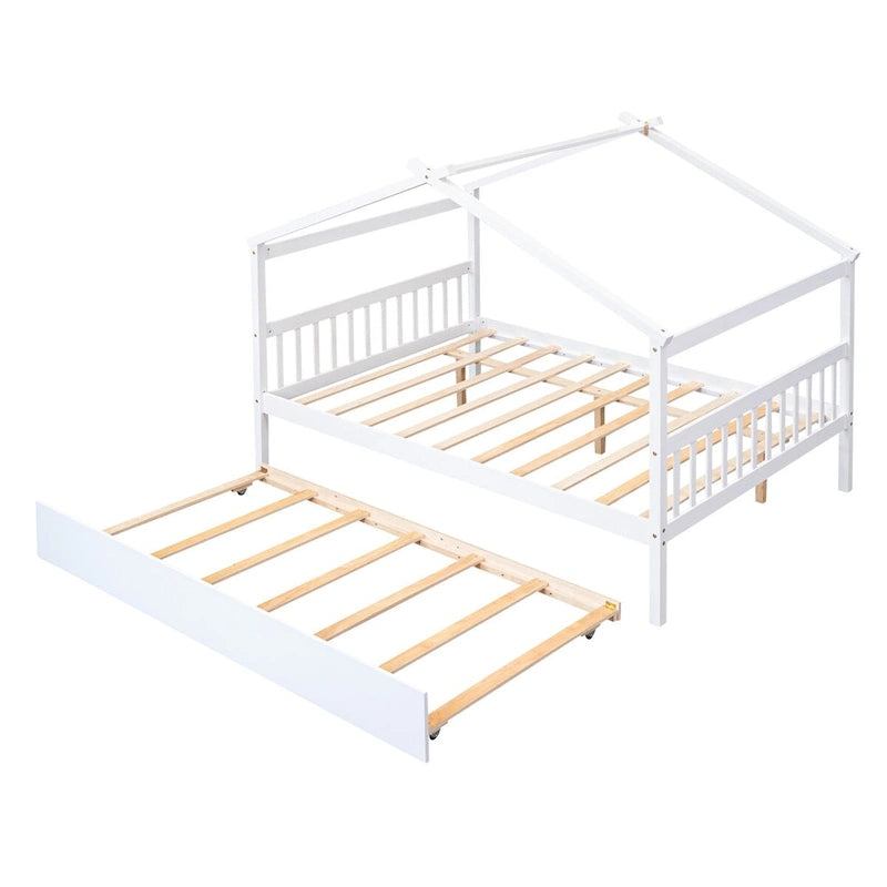 Hausförmiges Tagesbett aus Holz mit Ausziehbett — Full + Twin