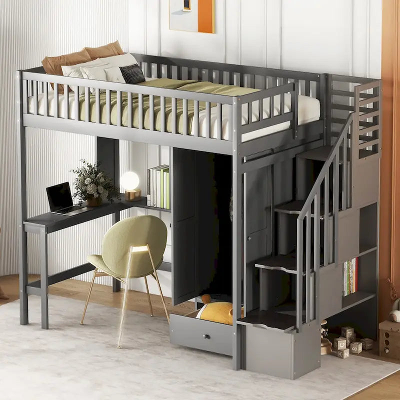 Letto a soppalco in legno con scrivania, armadio, libreria e scala contenitore