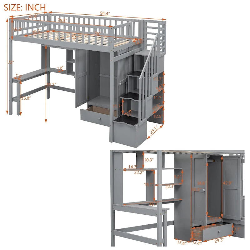 Wood Loft Bed with Desk, Wardrobe, Bookshelf & Storage Stairs