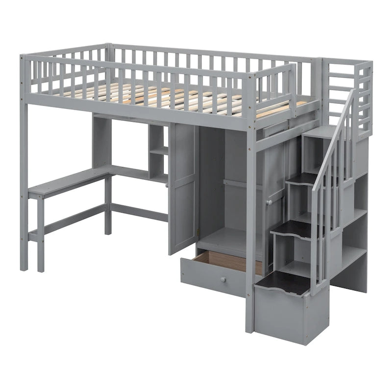 Letto a soppalco in legno con scrivania, armadio, libreria e scala contenitore