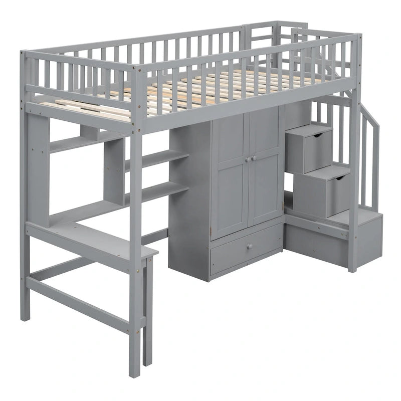 Letto a soppalco in legno con scrivania, armadio, libreria e scala contenitore