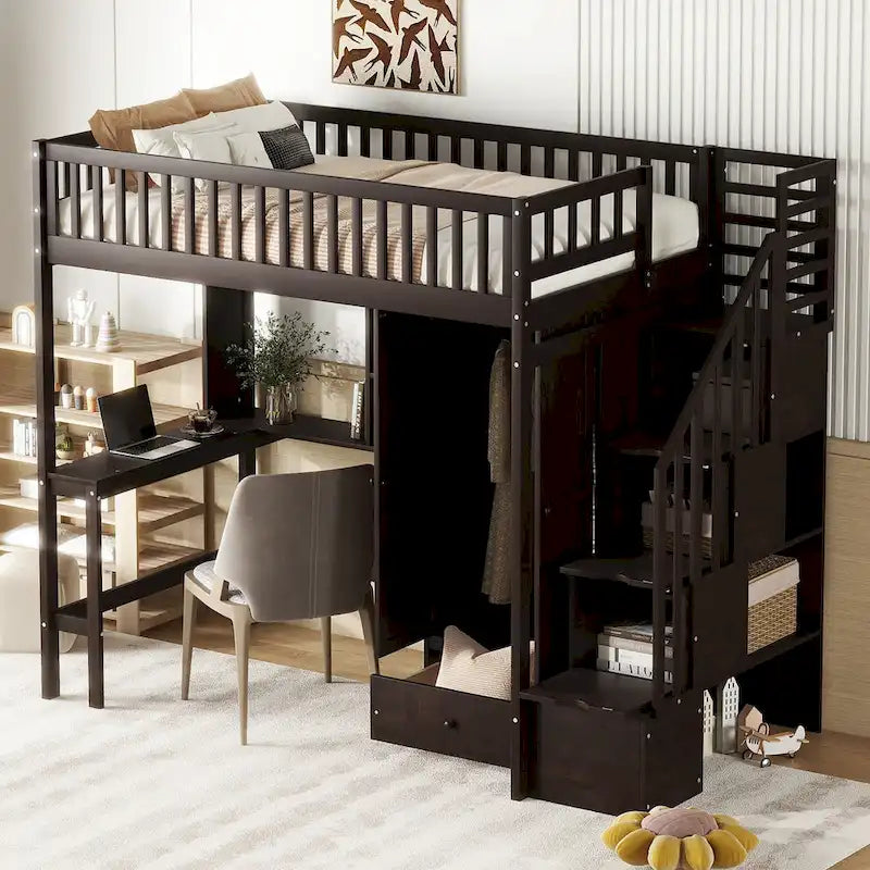 Letto a soppalco in legno con scrivania, armadio, libreria e scala contenitore