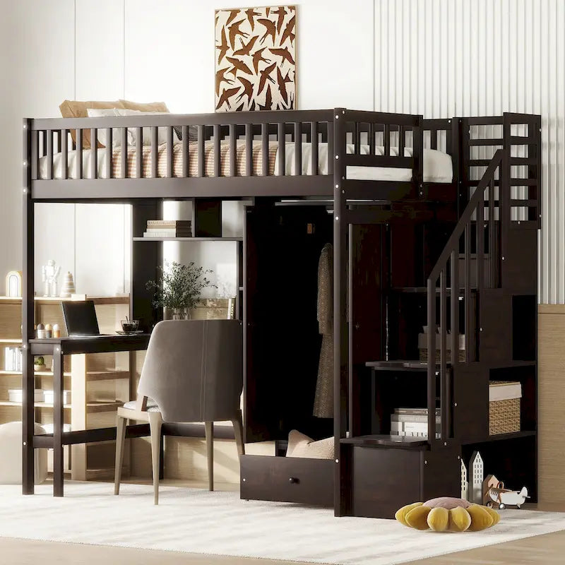 Wood Loft Bed with Desk, Wardrobe, Bookshelf & Storage Stairs