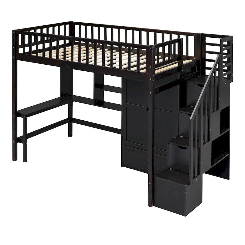 Letto a soppalco in legno con scrivania, armadio, libreria e scala contenitore