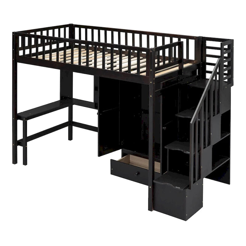 Letto a soppalco in legno con scrivania, armadio, libreria e scala contenitore