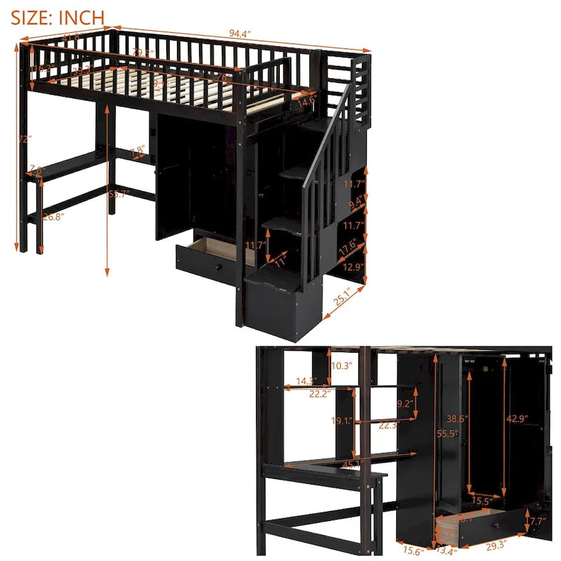 Letto a soppalco in legno con scrivania, armadio, libreria e scala contenitore