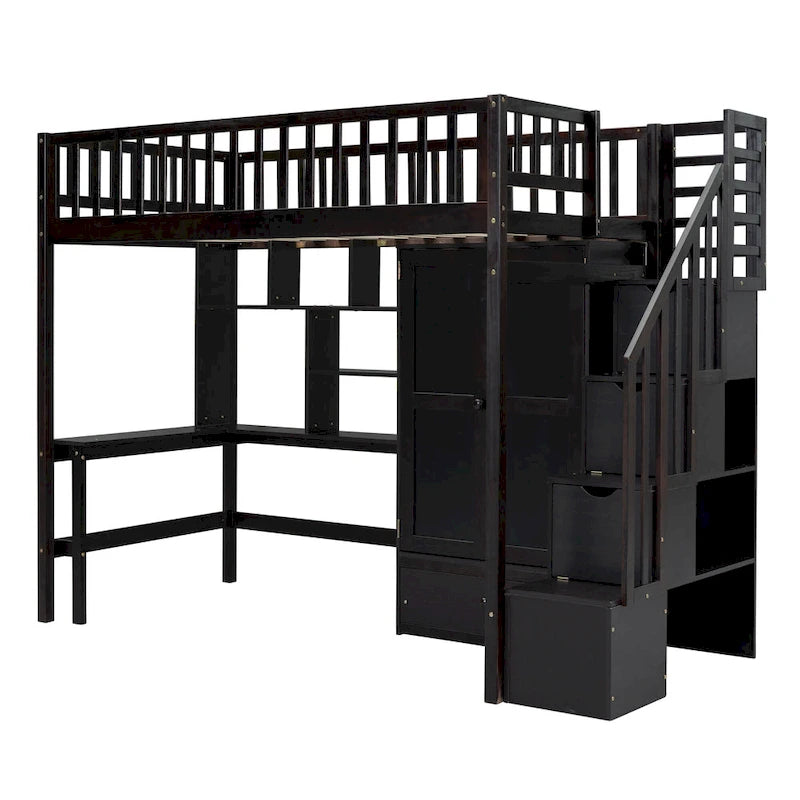 Letto a soppalco in legno con scrivania, armadio, libreria e scala contenitore
