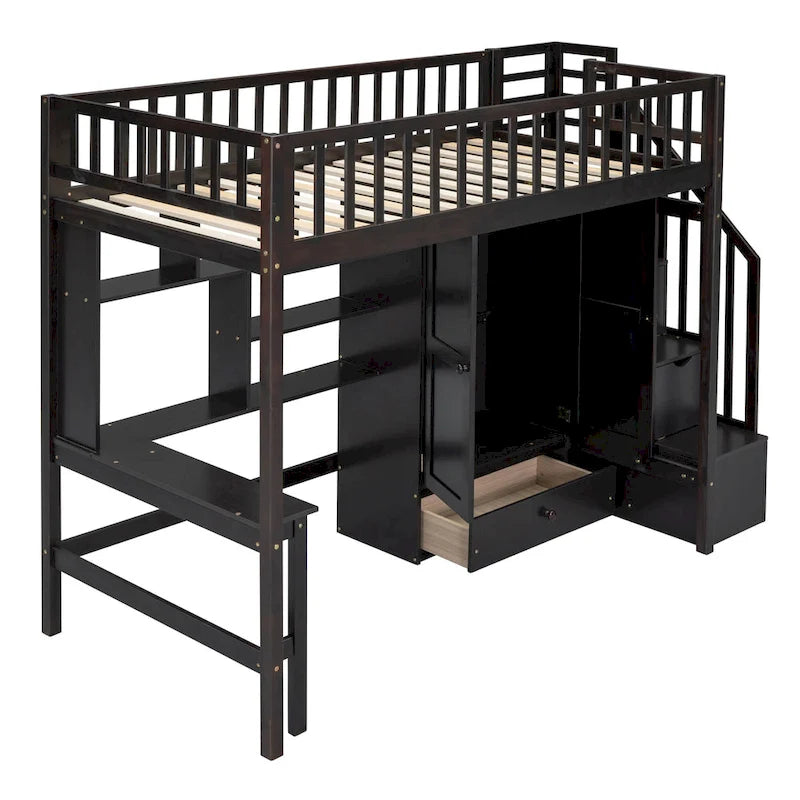 Letto a soppalco in legno con scrivania, armadio, libreria e scala contenitore