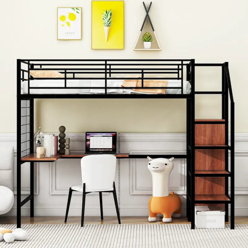 Letto a soppalco in metallo Twin con scrivania a L, scala contenitore e armadio