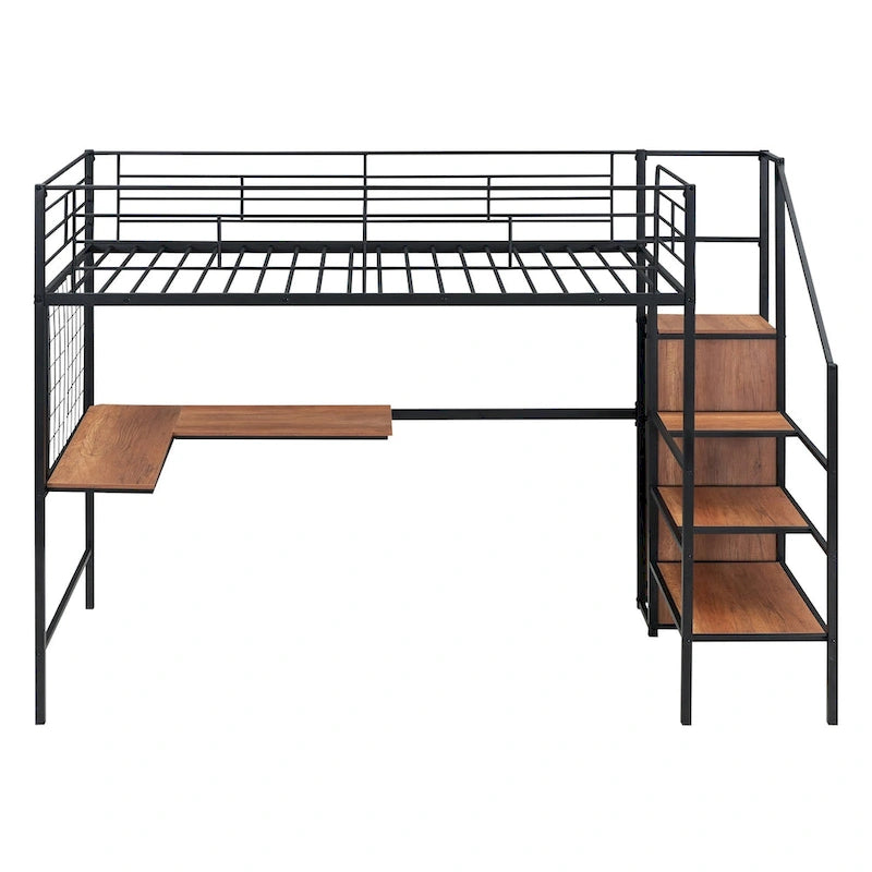 Twin Metal Loft Bed with L-Shaped Desk, Storage Ladder & Wardrobe