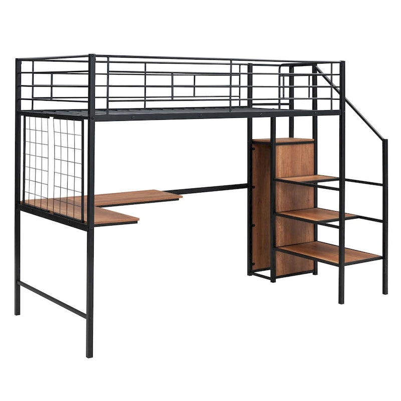 Letto a soppalco in metallo Twin con scrivania a L, scala contenitore e armadio
