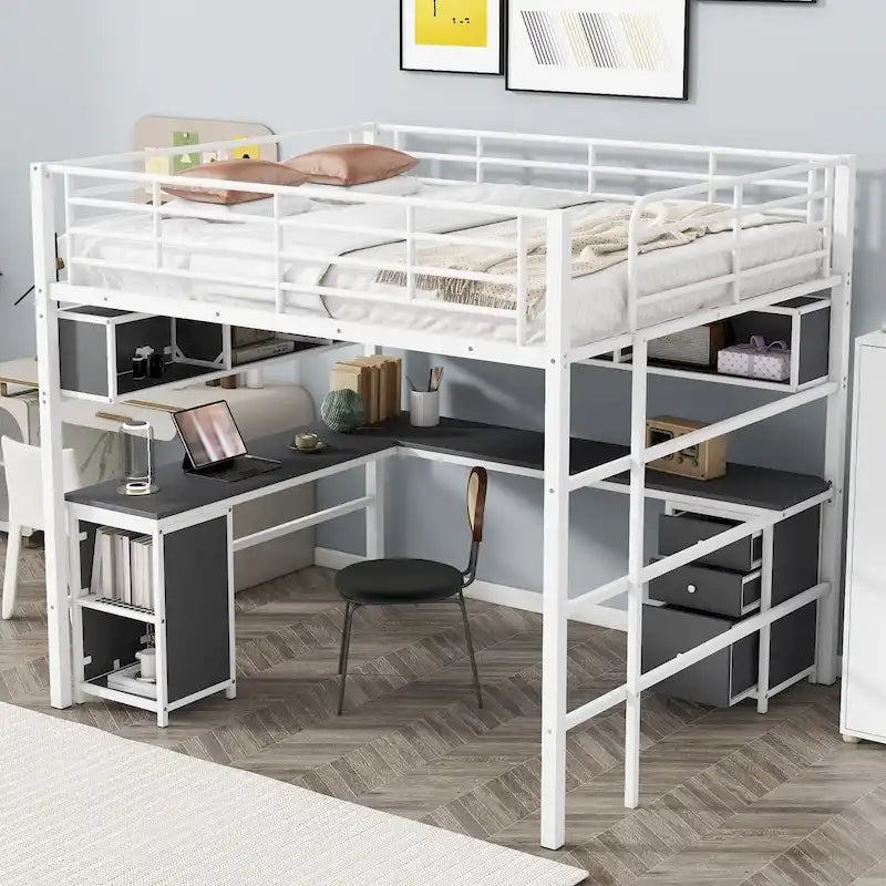 Metall-Hochbett mit Bücherregal, Schreibtisch und Schrank — für Kinder und Jugendliche