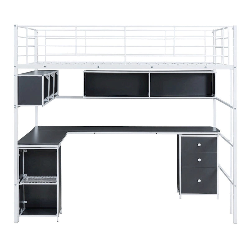 Letto a soppalco in metallo con libreria, scrivania e mobile contenitore — Bambini e ragazzi
