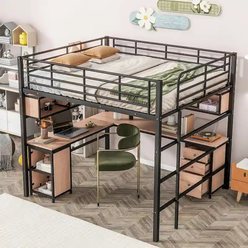 Metall-Hochbett mit Bücherregal, Schreibtisch und Schrank — für Kinder und Jugendliche