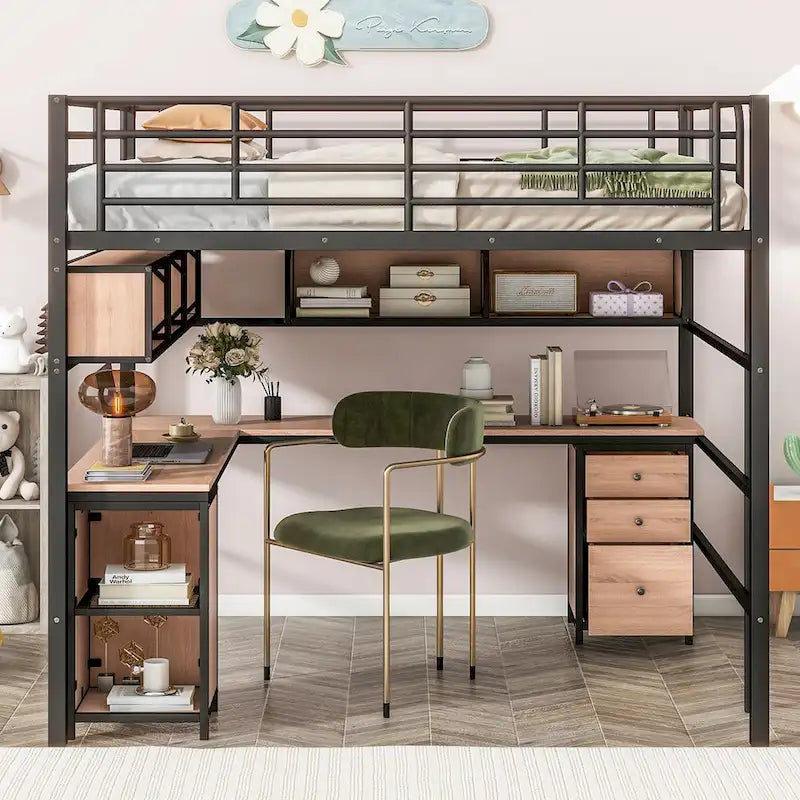 Metall-Hochbett mit Bücherregal, Schreibtisch und Schrank — für Kinder und Jugendliche