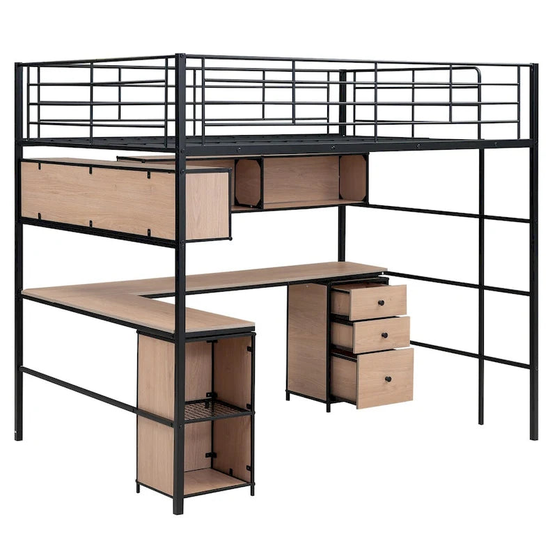 Metall-Hochbett mit Bücherregal, Schreibtisch und Schrank — für Kinder und Jugendliche