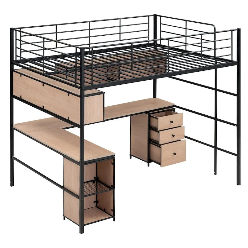 Metall-Hochbett mit Bücherregal, Schreibtisch und Schrank — für Kinder und Jugendliche