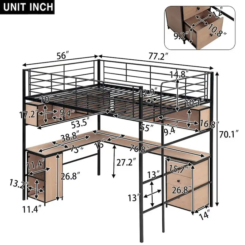 Metall-Hochbett mit Bücherregal, Schreibtisch und Schrank — für Kinder und Jugendliche