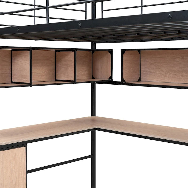 Metall-Hochbett mit Bücherregal, Schreibtisch und Schrank — für Kinder und Jugendliche