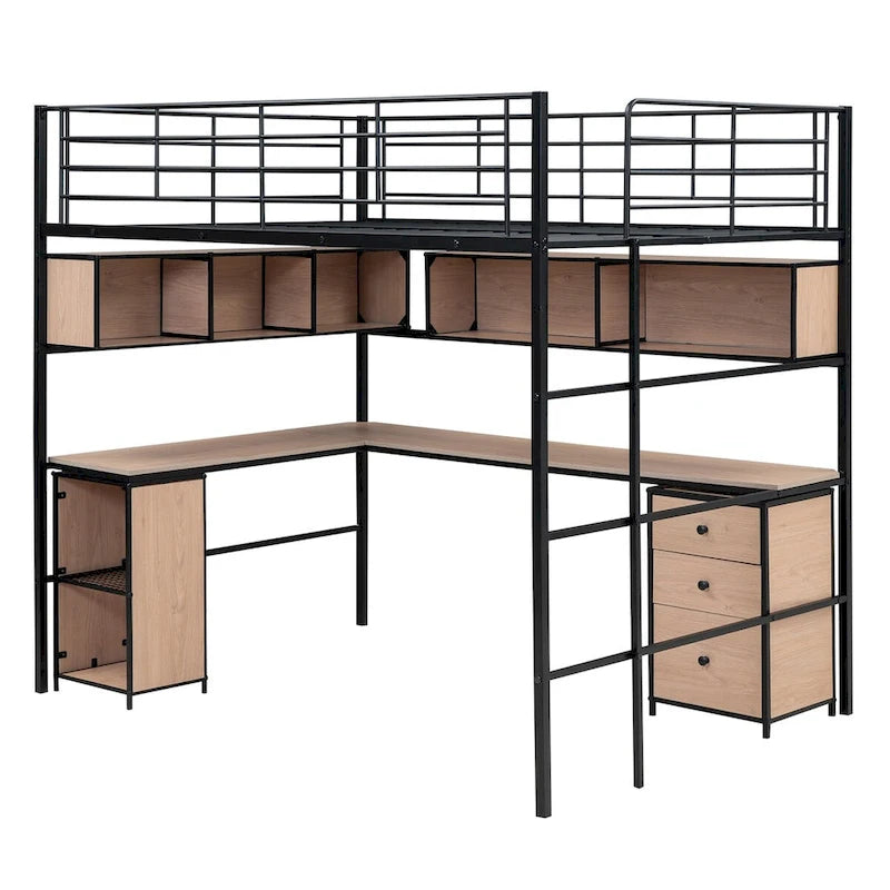 Metall-Hochbett mit Bücherregal, Schreibtisch und Schrank — für Kinder und Jugendliche
