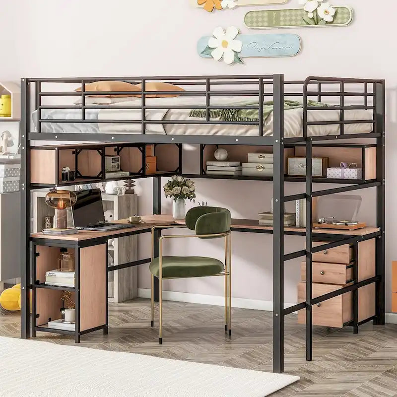 Metall-Hochbett mit Bücherregal, Schreibtisch und Schrank — für Kinder und Jugendliche