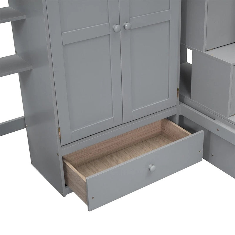 Wood Loft Bed with Desk, Wardrobe, Bookshelf & Drawers