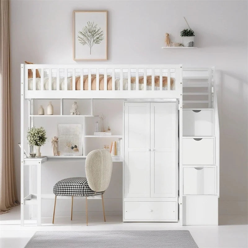 Wood Loft Bed with Desk, Wardrobe, Bookshelf & Drawers