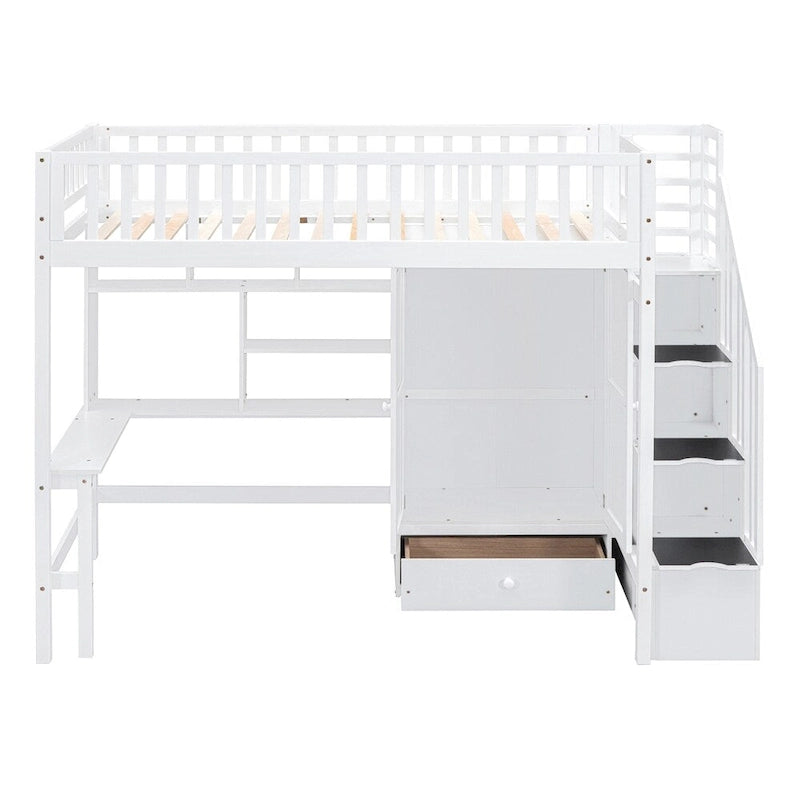 Wood Loft Bed with Desk, Wardrobe, Bookshelf & Drawers