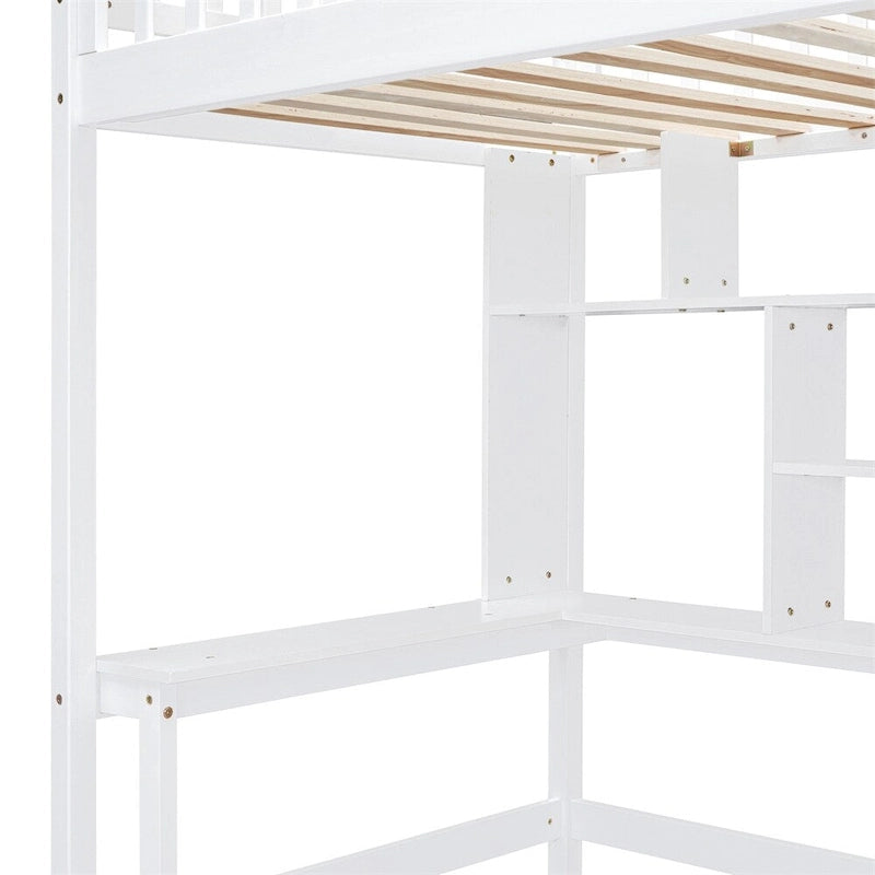 Hochbett aus Holz mit Schreibtisch, Kleiderschrank, Bücherregal und Schubladen