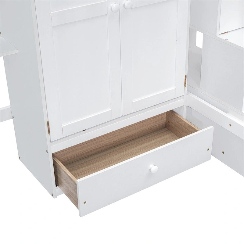 Hochbett aus Holz mit Schreibtisch, Kleiderschrank, Bücherregal und Schubladen