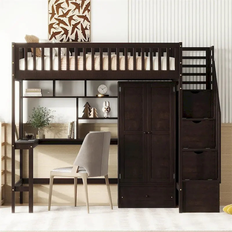 Hochbett aus Holz mit Schreibtisch, Kleiderschrank, Bücherregal und Schubladen