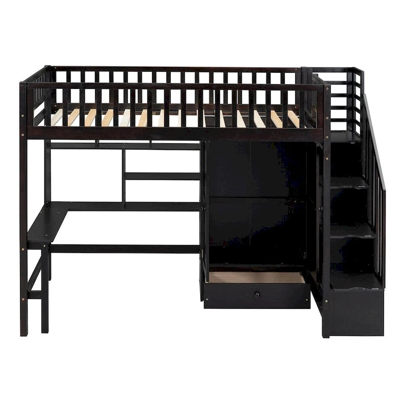 Hochbett aus Holz mit Schreibtisch, Kleiderschrank, Bücherregal und Schubladen