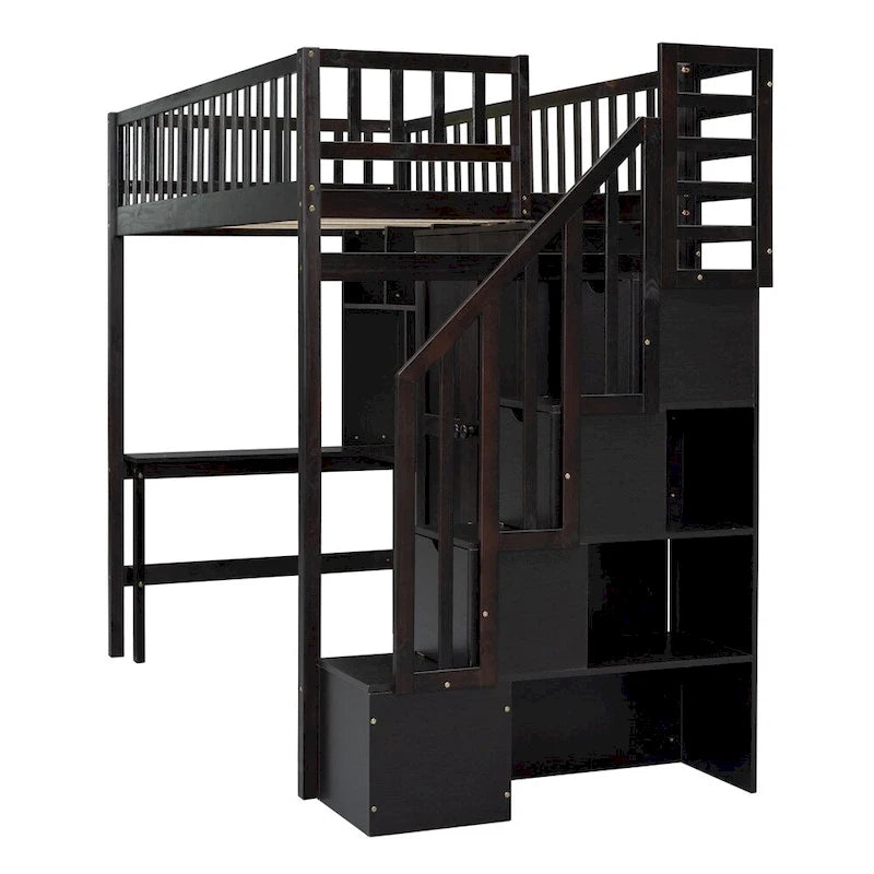 Hochbett aus Holz mit Schreibtisch, Kleiderschrank, Bücherregal und Schubladen