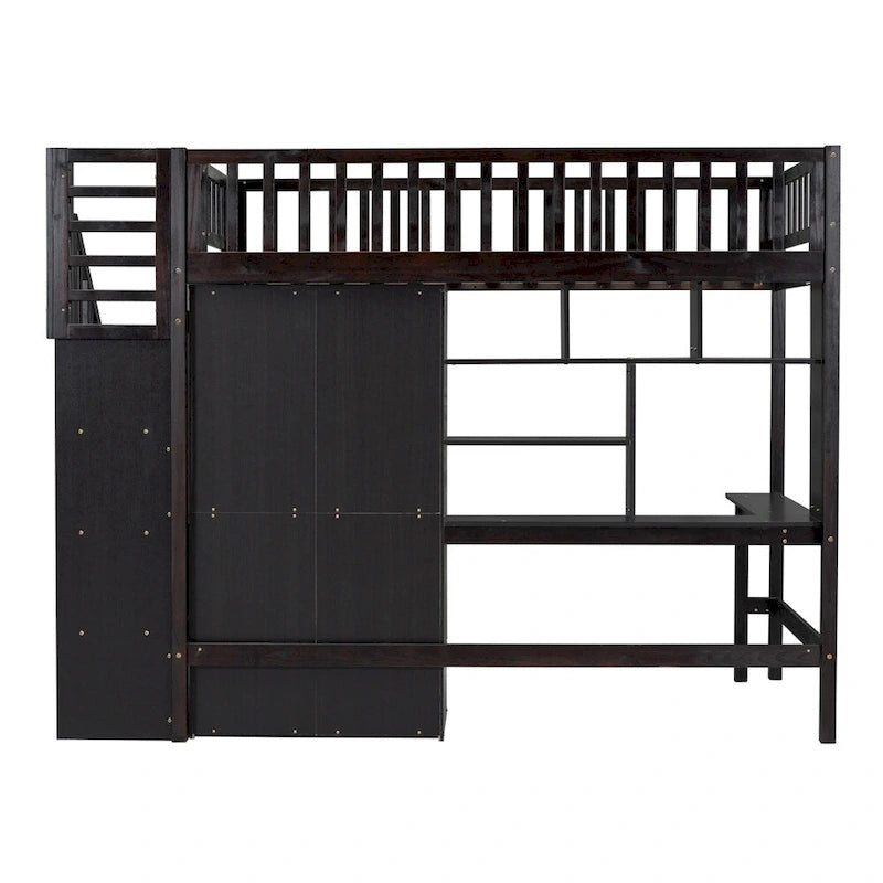 Hochbett aus Holz mit Schreibtisch, Kleiderschrank, Bücherregal und Schubladen
