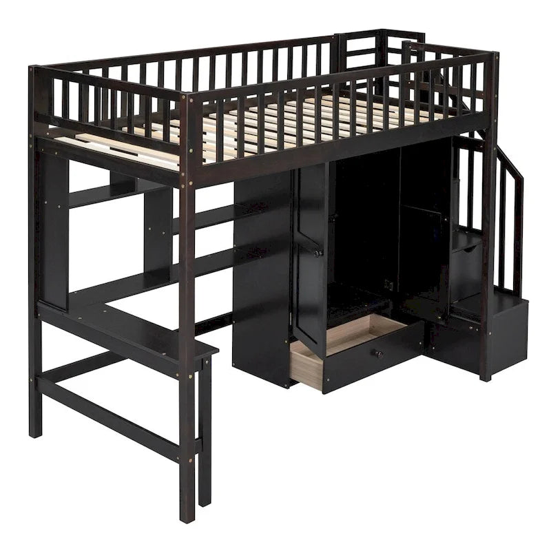 Hochbett aus Holz mit Schreibtisch, Kleiderschrank, Bücherregal und Schubladen