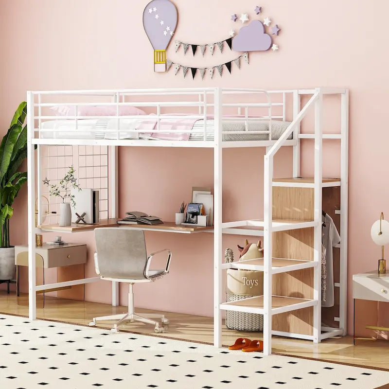 Metall-Hochbett in Twin-Größe mit L-förmigem Schreibtisch, Stauraumleiter und Kleiderschrank