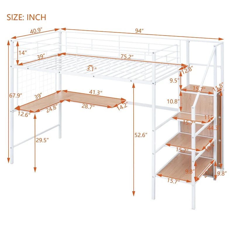 Metall-Hochbett in Twin-Größe mit L-förmigem Schreibtisch, Stauraumleiter und Kleiderschrank