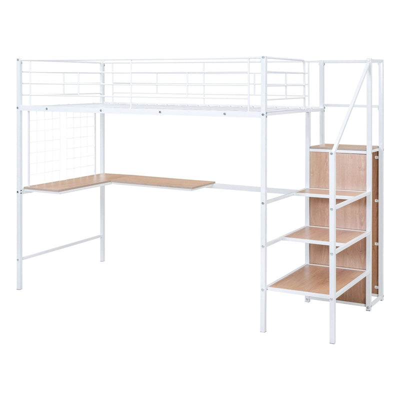 Twin Size Metal Loft Bed with L-Shaped Desk, Storage Ladder & Wardrobe