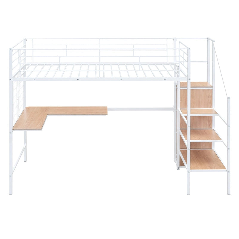 Twin Size Metal Loft Bed with L-Shaped Desk, Storage Ladder & Wardrobe