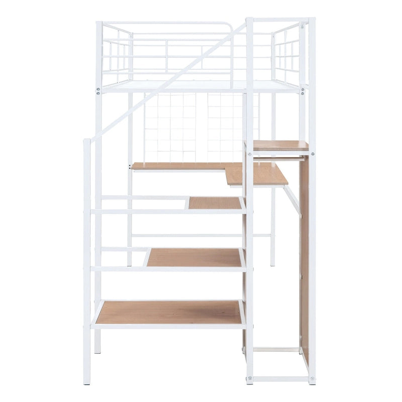 Twin Size Metal Loft Bed with L-Shaped Desk, Storage Ladder & Wardrobe
