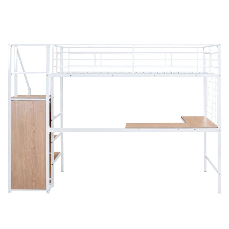 Twin Size Metal Loft Bed with L-Shaped Desk, Storage Ladder & Wardrobe